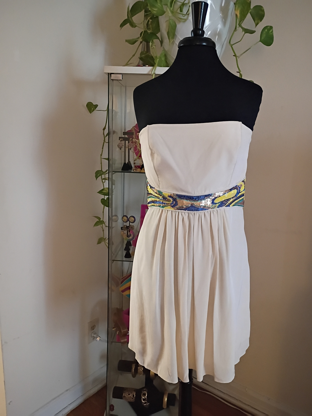 Strapless Cream Chiffon Dress with Sequin Waistband
